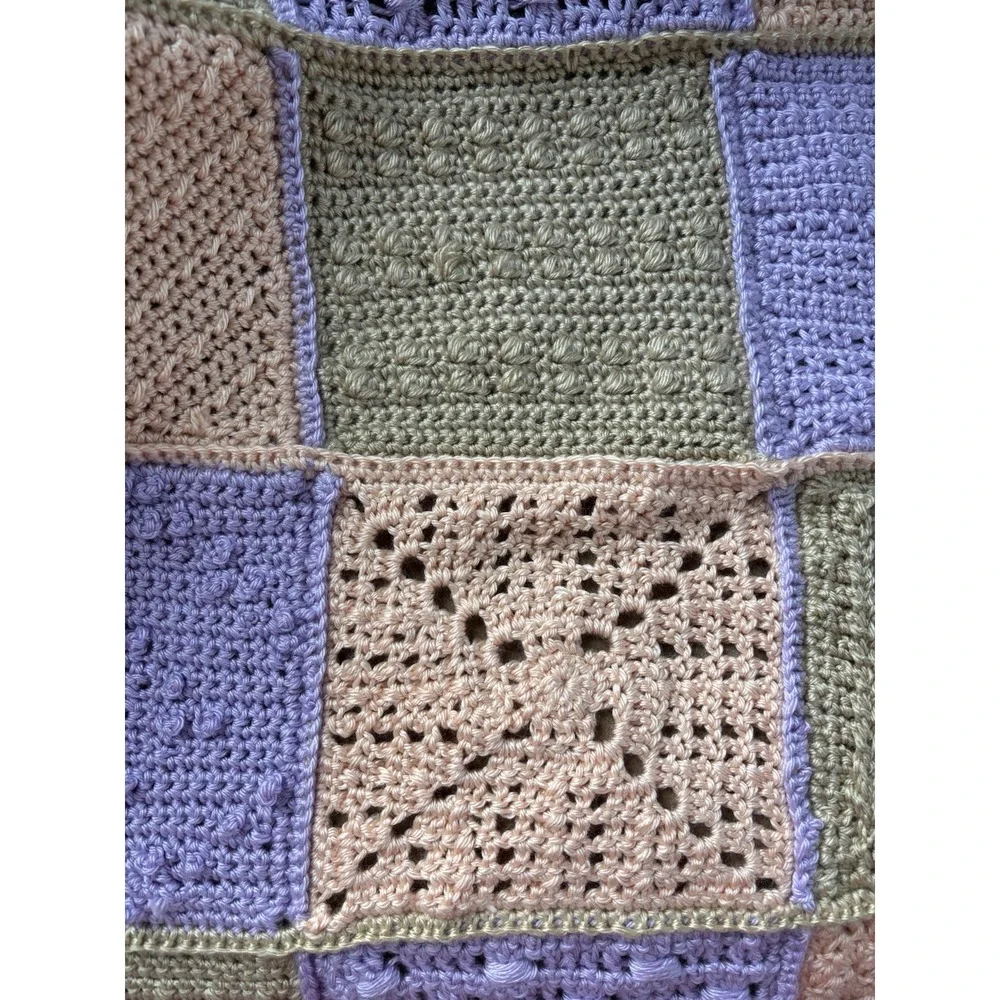 Granny Square Hand Crochet‎ Blanket 60x70 Gorgeous Soft Yarn Pink Lavender Tan